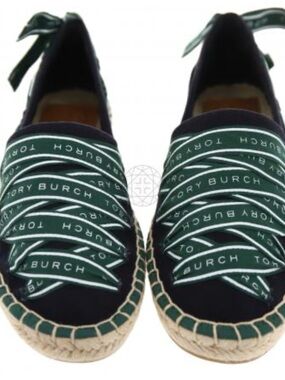 Tory Burch Black Espadrille Flats with Green Logo Ribbons